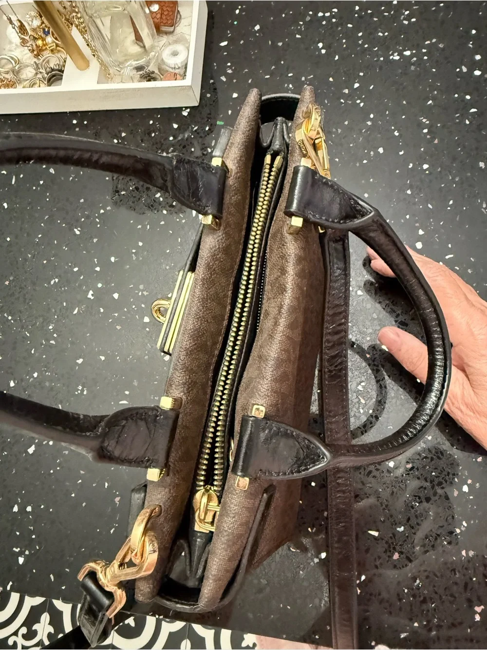 Michael Kors Brown MK Signature Satchel with Gold Hardware